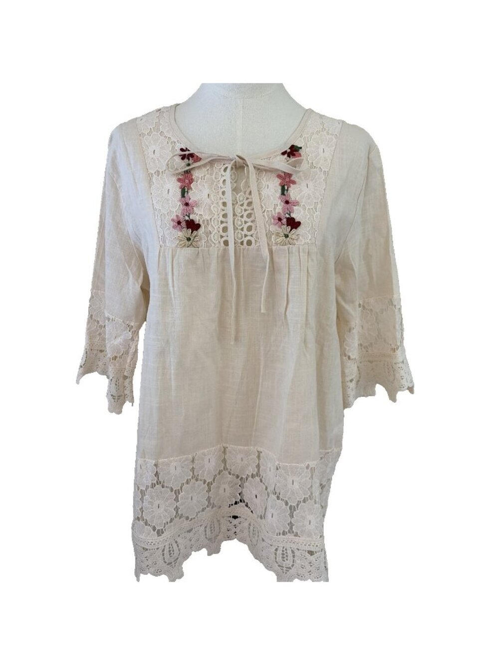 Boho Embroidered Peasant Blouse Women's Size M Ivory Crochet Fairy Festival